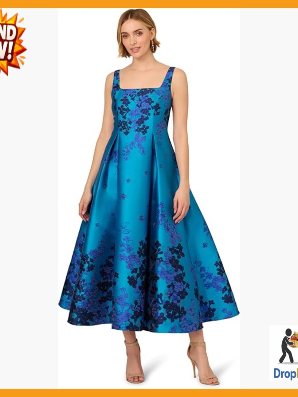 Border Jacquard Fit Flare Ankle Length Dress Elegant Square Neck Sleeveless